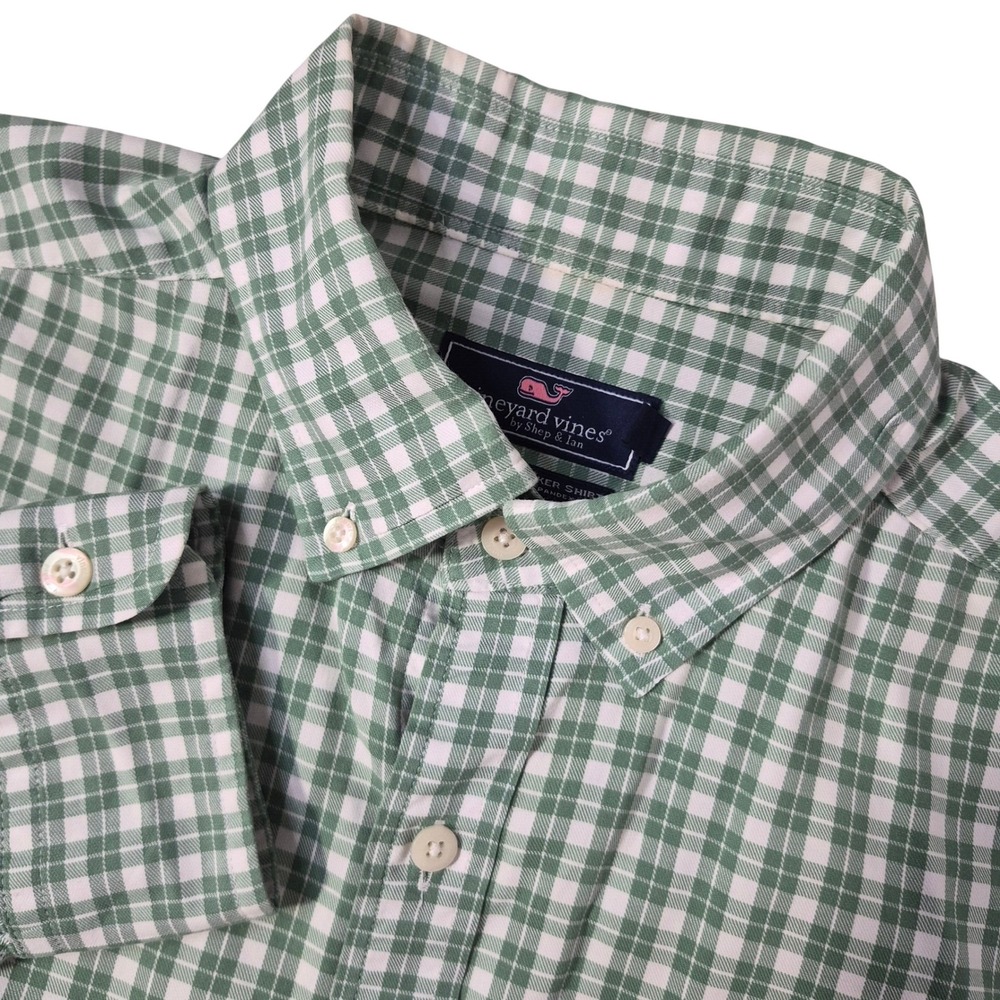 Vineyard Vines Button Down Tucker Shirt Men Medium Green White Plaid Classic Fit